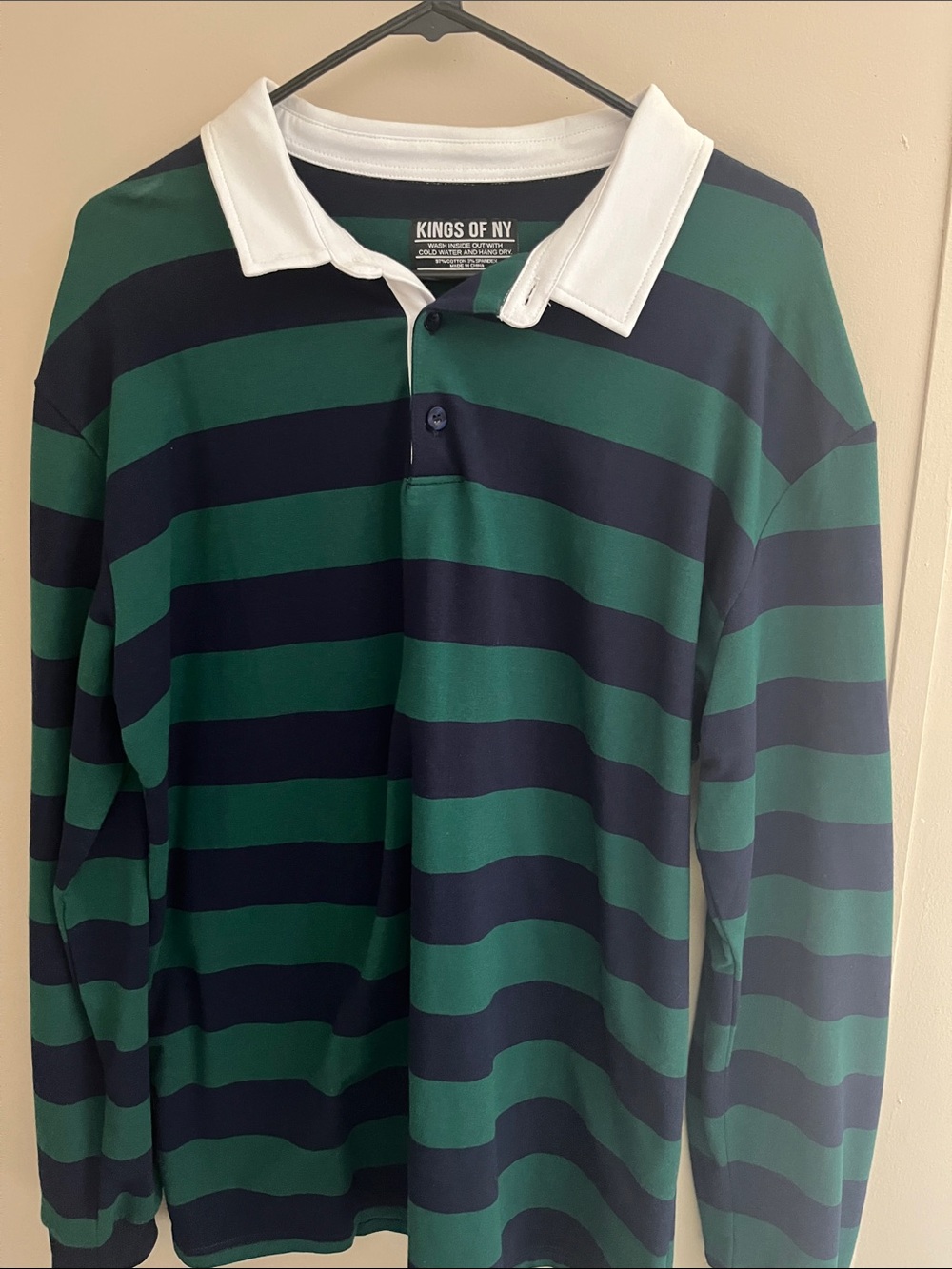 Men's Green and Navy Striped Rugby Polo Shirt with White Collar